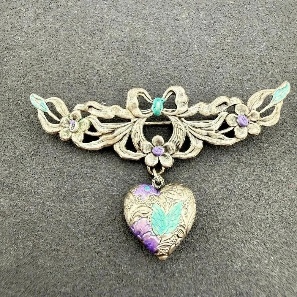 Silver Tone Brooch Heart Charm Floral Bow Art Nouveau Dangle Pin